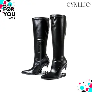 CYNLLIO Morso Knee High Boots for Womens Gothic Metalic Heeled Closed Pointed Toe Boots Tiger Teeth Elegant Hollow Shaped Heeled Side Zipper Fashionable Shark Teeth Goth Tall Boot Parties Concerts Club Out Going Spring Dressy Shoes Deals For You Days