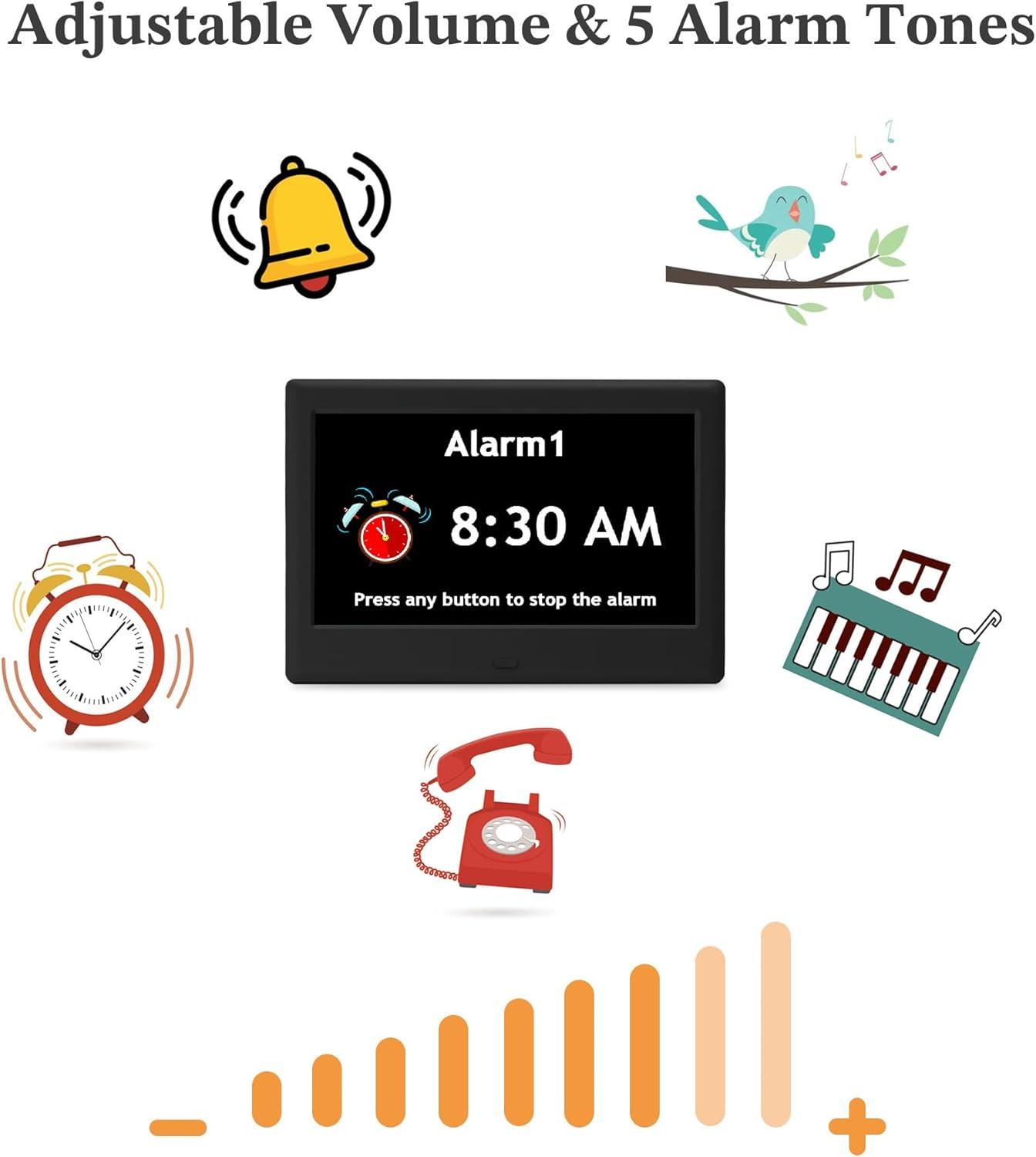 7'' Dementia Clock For Seniors, Large Display Digital Clock With Date, Time, Day Of Week for Elderly, Memory Loss, Alzheimer, 1024*600P HD, 10 Reminders & 6 Alarms, Auto Dimming & DST, Remote Control