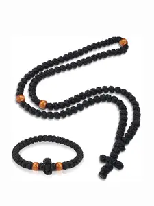 2 Pcs Handmade Orthodox Prayer Rope 100 Knots and Christian 33 Knots Bracelet Greek Prayer Rosary Protection Blessing Cross Charm Gifts Beaded Bracelet (Brown,Classic Style)