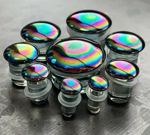 PAIR of Beautiful Oil Slick Design Pyrex Glass Single Flare Plugs with O-Rings - Gauges 4g (5mm) thru 7/8" (22mm)