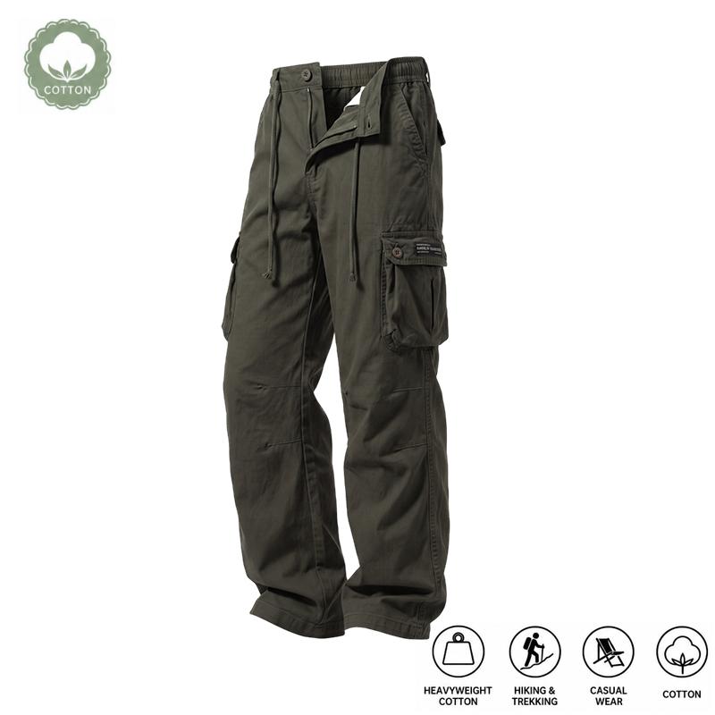 Men's Classic American-Style Heavy Cotton Cargo Pants - Mid Waist, Plain, Loose Cut, Durable, Breathable, Non-Overheating, Multi-Pocket, Button-Closure Trousers with Cuffed Hem for Hiking, Commuting