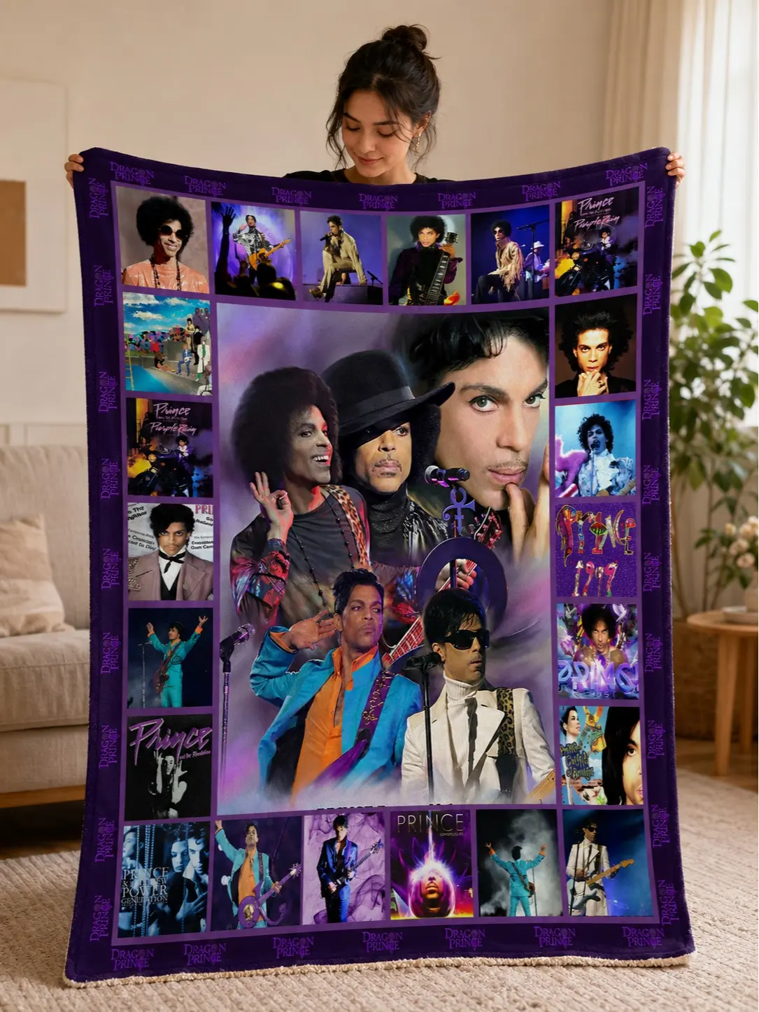 Prince The Purple One Vintage 80s & 90s Photo Collage Fleece Throw Blanket - Purple Rain Era Portraits & Live Concert Art - Cozy Nostalgic Bedroom Decor for Pop Music Fans