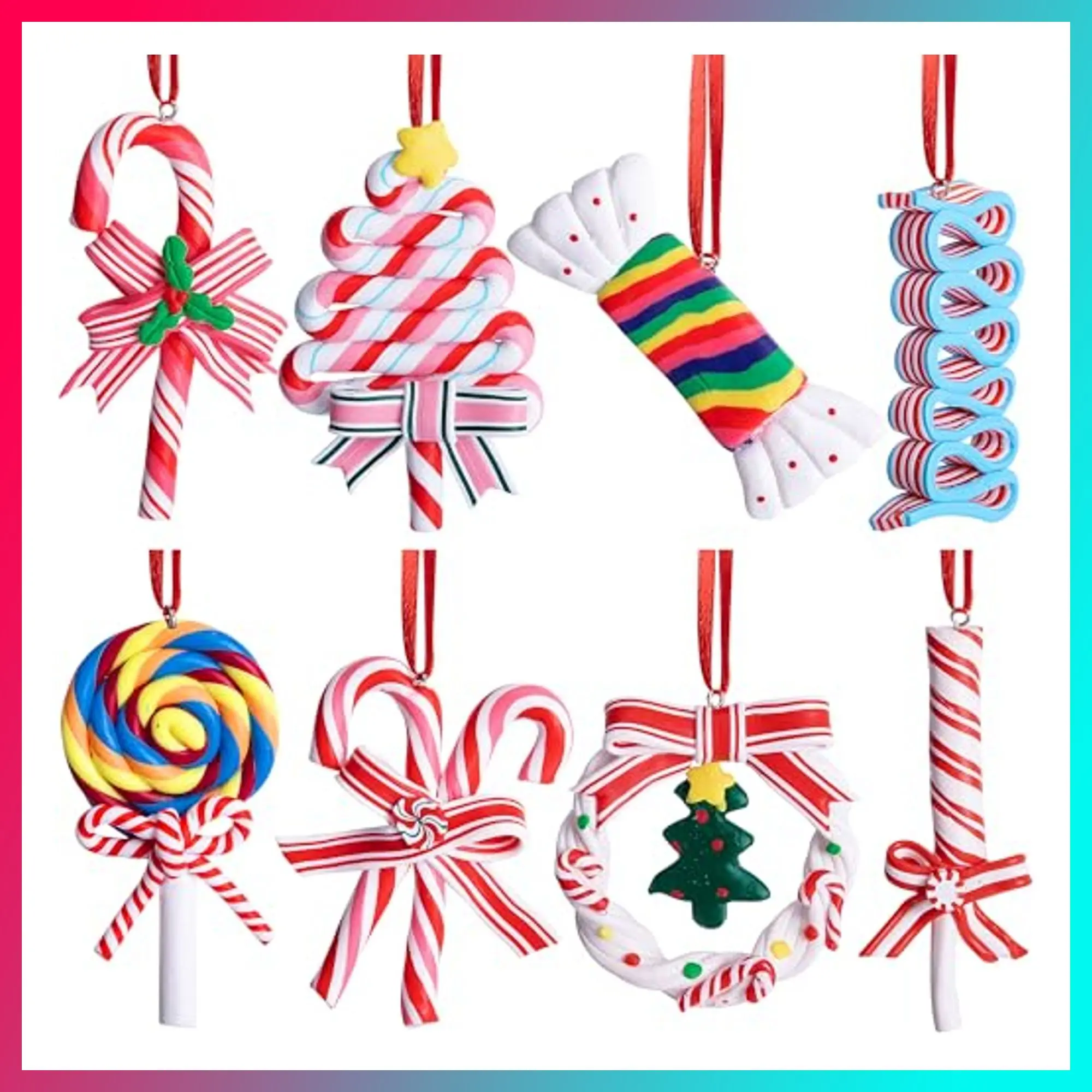 codree 8 Pcs Christmas Lollipop Ornaments- Christmas Candies Polymer Clay Ornaments- Xmas Decor Candy Cane Hanging Tree Ornaments for Party Home Decoration