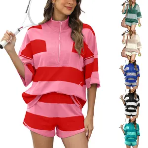 Mundoven Women's 2 Piece Outfits Summer Striped Workout Set Two Piece Matching Lounge Sets Half Sleeve Tops and Short Sets Oversized summerwins