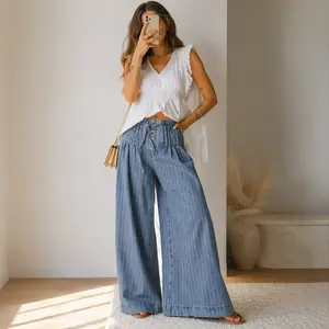 Women's Chic Soft Denim Pants - Sky Blue Stripe Cotton-Polyester, Button-Pleated, Adjustable Drawstring Waist, Casual Wide Leg Clothes