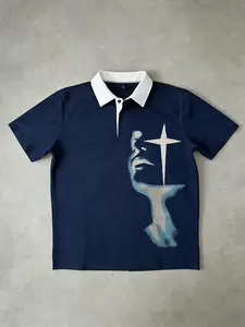 Y2K Star Abstract Face Graphic Polo Shirt | Streetwear Black Cotton Blend Contrast Collar Short Sleeve | Cybercore Aesthetic Casual Street Style | TikTok Viral Trendy Men's Top | Urban Fashion Statement Tee for Gym, Outdoor & Daily Wear