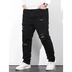 ''MenPlusCottonRippedStraightLegJeansSlimFitLongFrayedJeanCargoPlainBlackWorkCasualSizeGoingOutHangOutCommuteVacationStreet