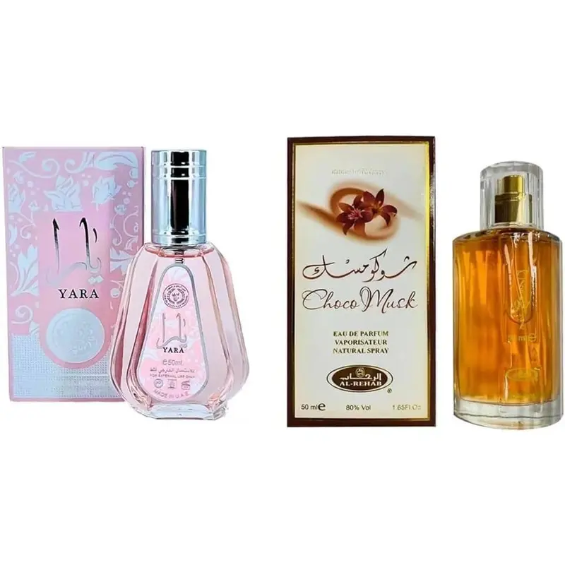Lattafa Women's Yara Pink & Chocolate Musk Alcohol-Based Eau de Parfum Multi-Pack Bundle - 1.7oz (1 – 1.9 Fl Oz) Liquid EDP Gift Set with Box, Floral Fruity Gourmand Scent, Chic Packaging, Long-Lasting Perfumes for Adults