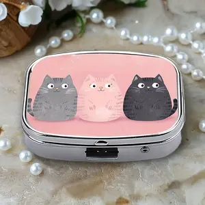 Portable Storage Box with Mirror, Kawaii Design, 2 Compartment Pill Organizer, Compact for Purse & Travel, Gift for Cat Lovers, Makeup Organizer Pouch