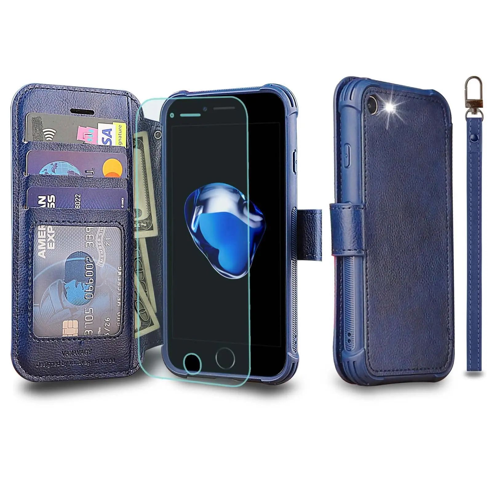 Vanavagy Compatible for iPhone SE 3/SE 2/8/7/XR/XS/X/11/12/12 Pro/13/Mini/Pro/Plus/Pro Max Wallet Case,RFID Flip Leather Cover with Wrist Supports Wireless Charging with Card Holder and Glass Screen Protector