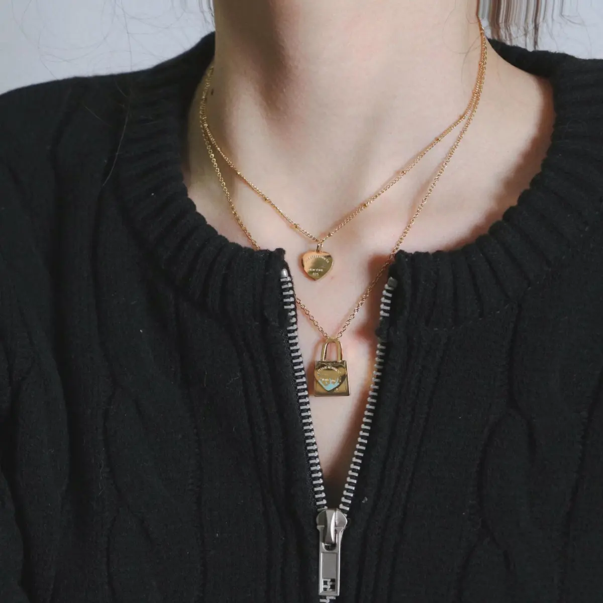 Blue Oil Dripping Lock Heart Double Layer Clavicle Chain Gold Fashion Necklace for Women Versatile Accessories TikTokShopCreatorpicks