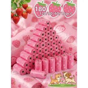 Strawberry Pink Pattern 12 Rolls Leakproof Dog Poop Bags for Indoor Outdoor Use Perfect for Dog Walking Convenient Pet Supplies