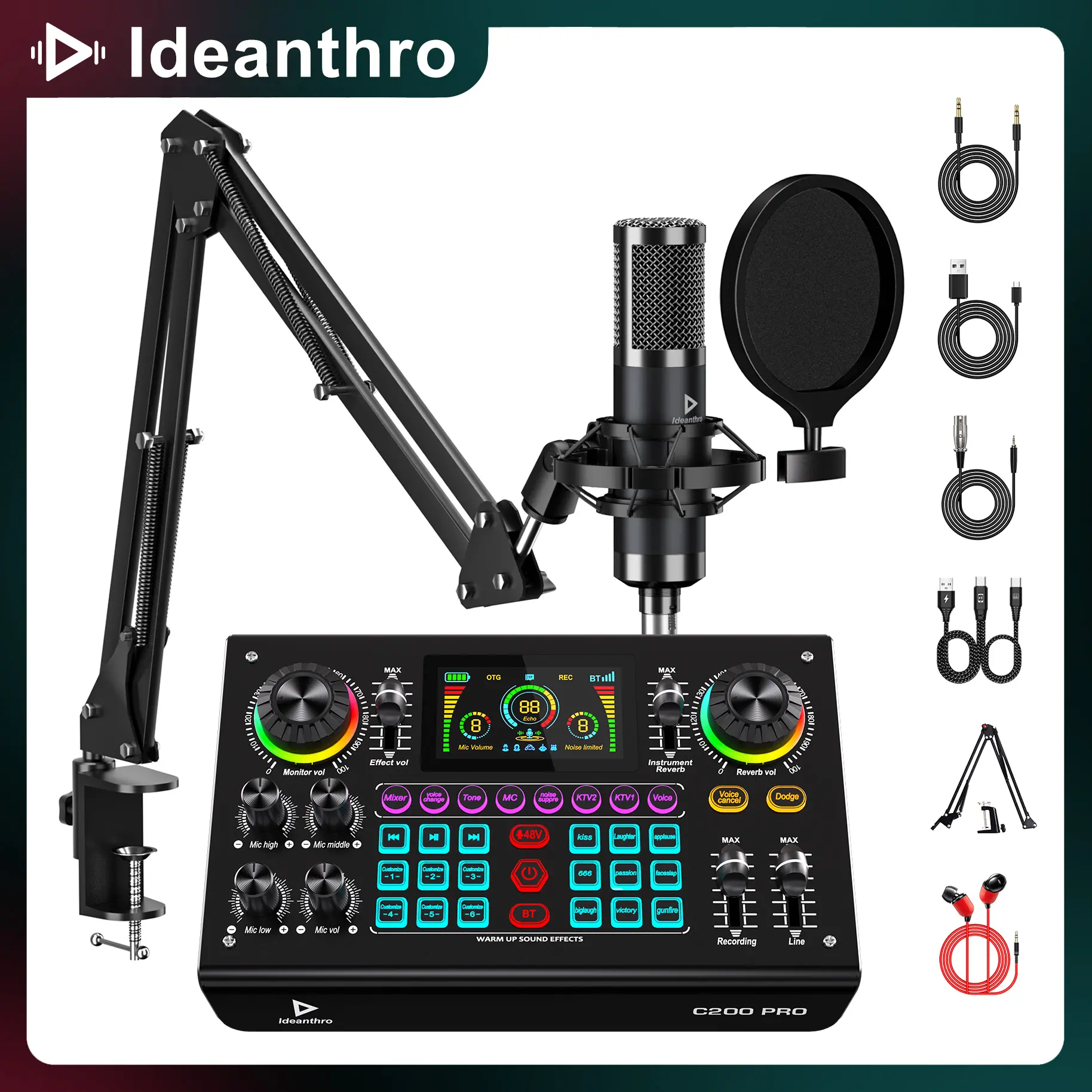 Ideanthro C200PRO-P15 2026 Live Audio Mixer Soundcard - 48V Digital, Dual DSP Chips, High Sampling Rate, Custom Effects, Sing Along Instrument Reverb, Digital Display, Mute, RGB Light, Noise Reduction, Streaming (TikTok Shop Black Friday), C200pro-P15(Can