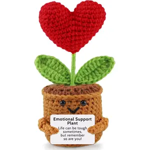 Emotional Support Plant - Funny Positive Crochet Heart Flower Gifts Handmade Knitted for Mom Wife Grandma Teacher Appreciation Mini Crochet Flowers Inspirational Novelty Gifts