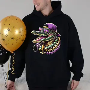 Mardi Gras Crocodile Graphic Hoodie, Alligator Mardi Gras Sweatshirt, Casual Festival Streetwear Shirt, Unisex Sweater Pullover Tee