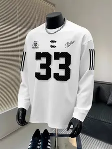 Men's Michigan 45 Print Round Neck Long Sleeve T-Shirt, Casual American Campus Athletic Sport Style, Fitted, All Seasons, Daily Wear