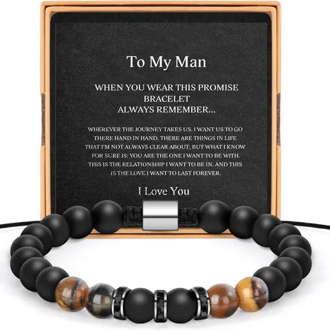 Mens Bead Bracelet for Boyfriend Husband Adjustable 8mm Tiger Eye & Black Matte Agate Beads Promise Gift