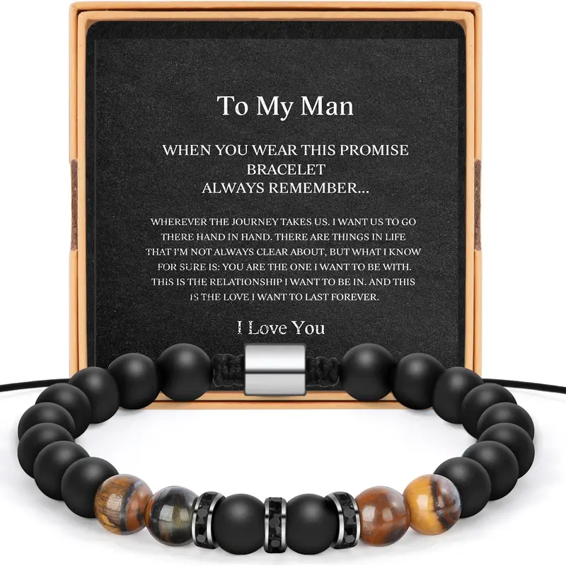 Mens Bead Bracelet for Boyfriend Husband Adjustable 8mm Tiger Eye & Black Matte Agate Beads Promise Gift