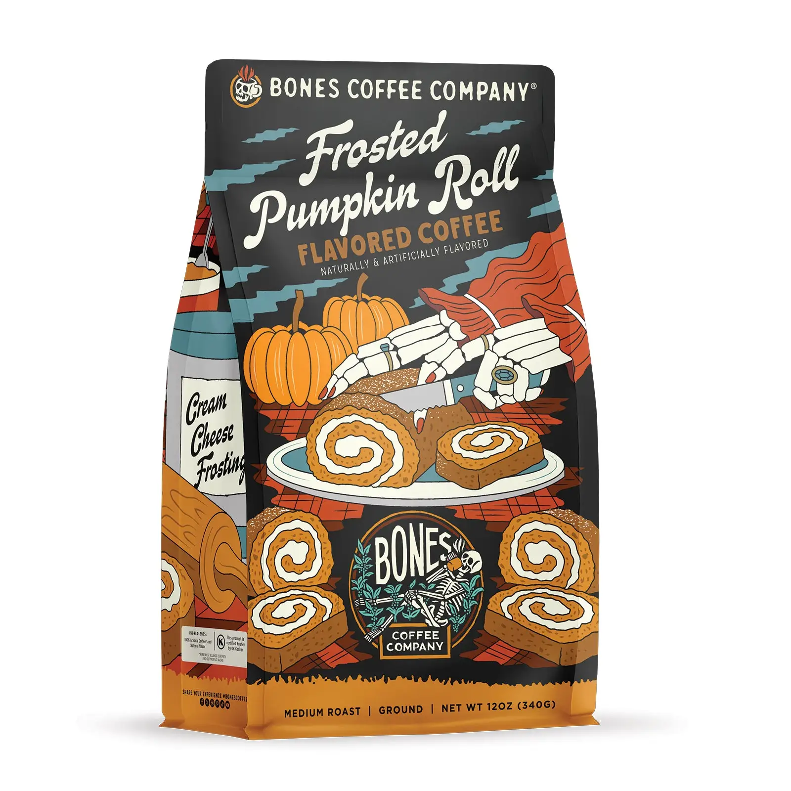 Bones Coffee Company Frosted Pumpkin Roll Flavored Coffee 12oz Medium Roast 100% Arabica No Warranty Fresh Roasted Every Time