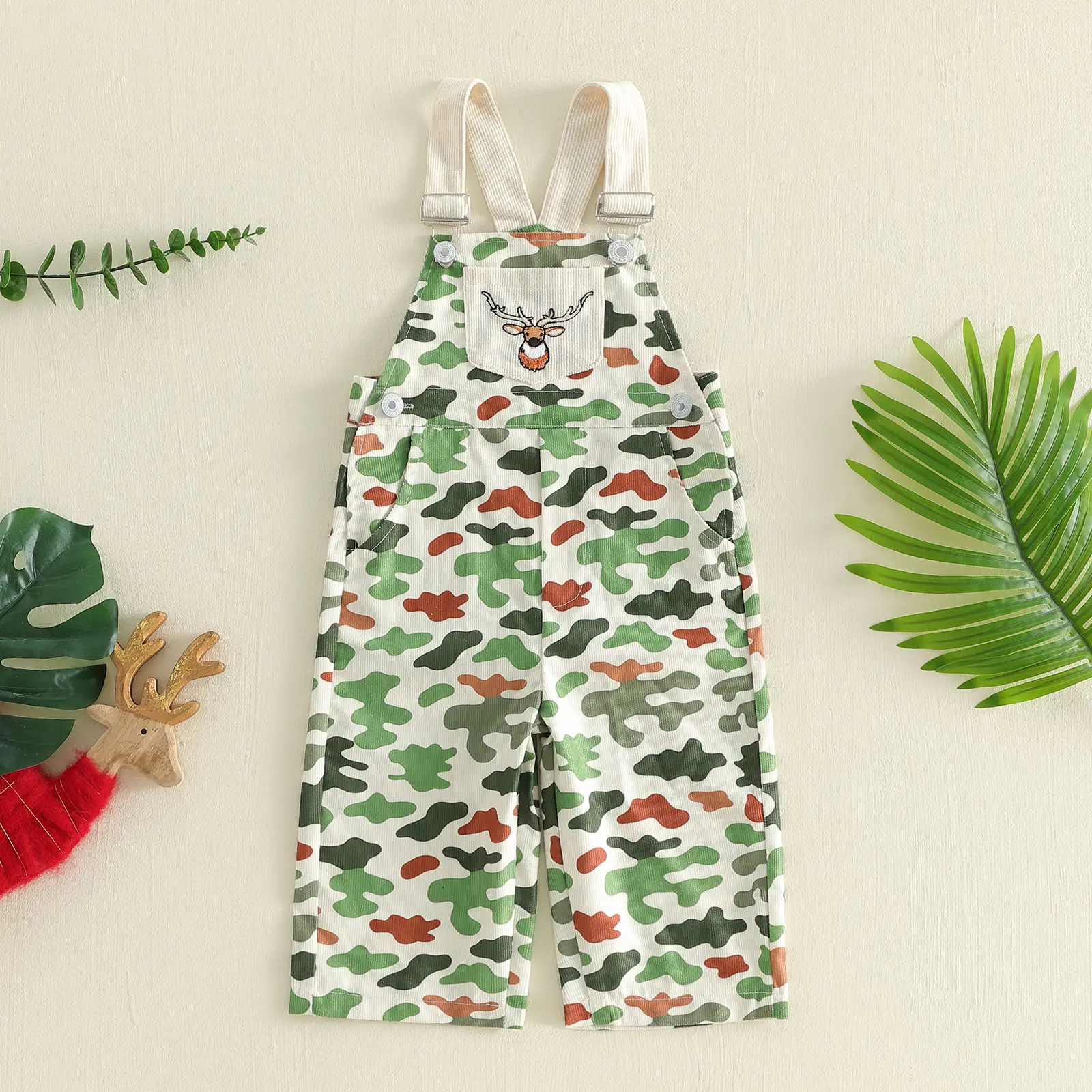 Boys' Camouflage Jumpsuit, Adorable Sleeveless Romper with Deer Head Embroidery, Polyester-Elastane Outfit for Toddlers, 18-24M, 100% Brand New, 12-18 Months, Stretch-Fit, Indoor, 2-3 Years