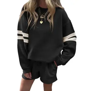 Mntaor Women’s Game Day Pullover Sweatshirt — Varsity striped sleeve drop-shoulder winter outfit sweatshirt and shorts set
