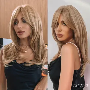 Golden Medium-Length Straight Hair Wig with Curled Ends 10-259-2