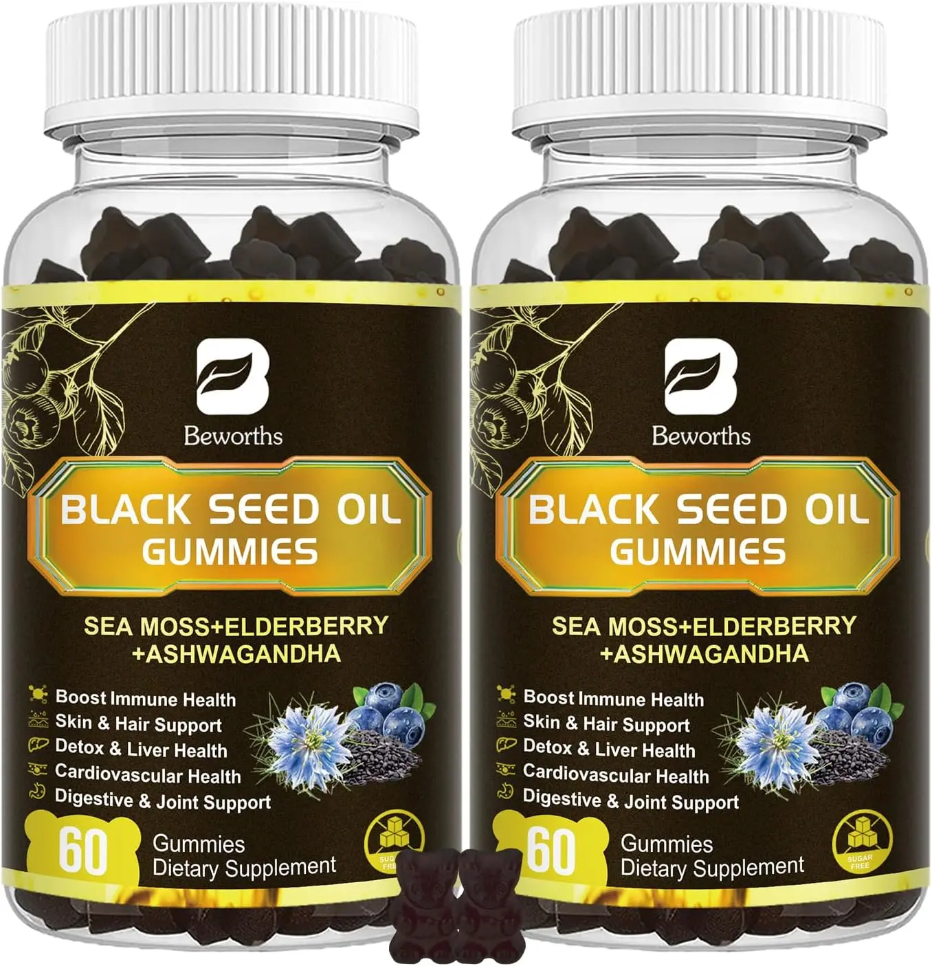 Black Seed Oil Gummies with Sea Moss & Ashwagandha for Immune Support | Irish Sea Moss Gummies with Black Seed Oil, Ashwagandha Extract, Elderberry, Turmeric, Vitamin C Vitamin D3