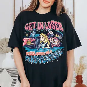 Get In Loser Mad Adventure Tee, Cheshire Cat Graphic Top, Retro Wonderland T-Shirt, Mad Hatter Gift, Casual Cotton Fit Tee