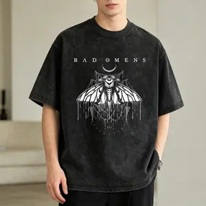 Men's Vintage Washed T-Shirt Bad Omens Moth Design Oversized Graphic Tee Outdoor Casual Short Sleeve