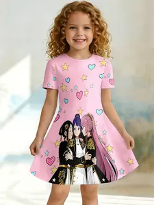 Girls Summer Pink Background Anime Girl Group Print Dress, Kids Star Heart Crew Neck Short Sleeve A-Line Dress
