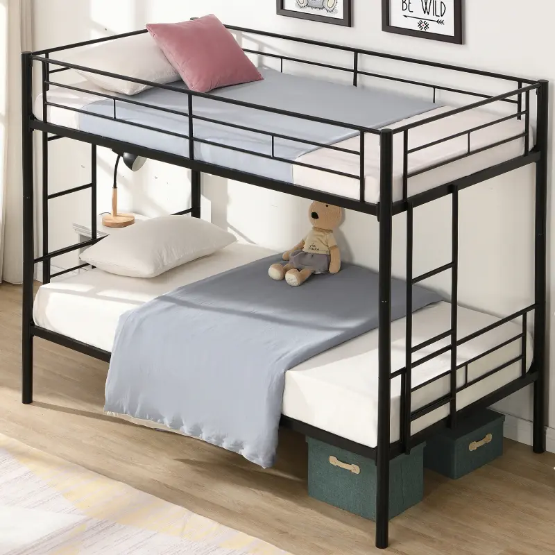 [Bellemave]Bunk Bed Twin Over Twin Size with 2 Ladders and Full-Length Guardrail, Metal, Storage Space, No Box Spring Needed, Noise Free, Black