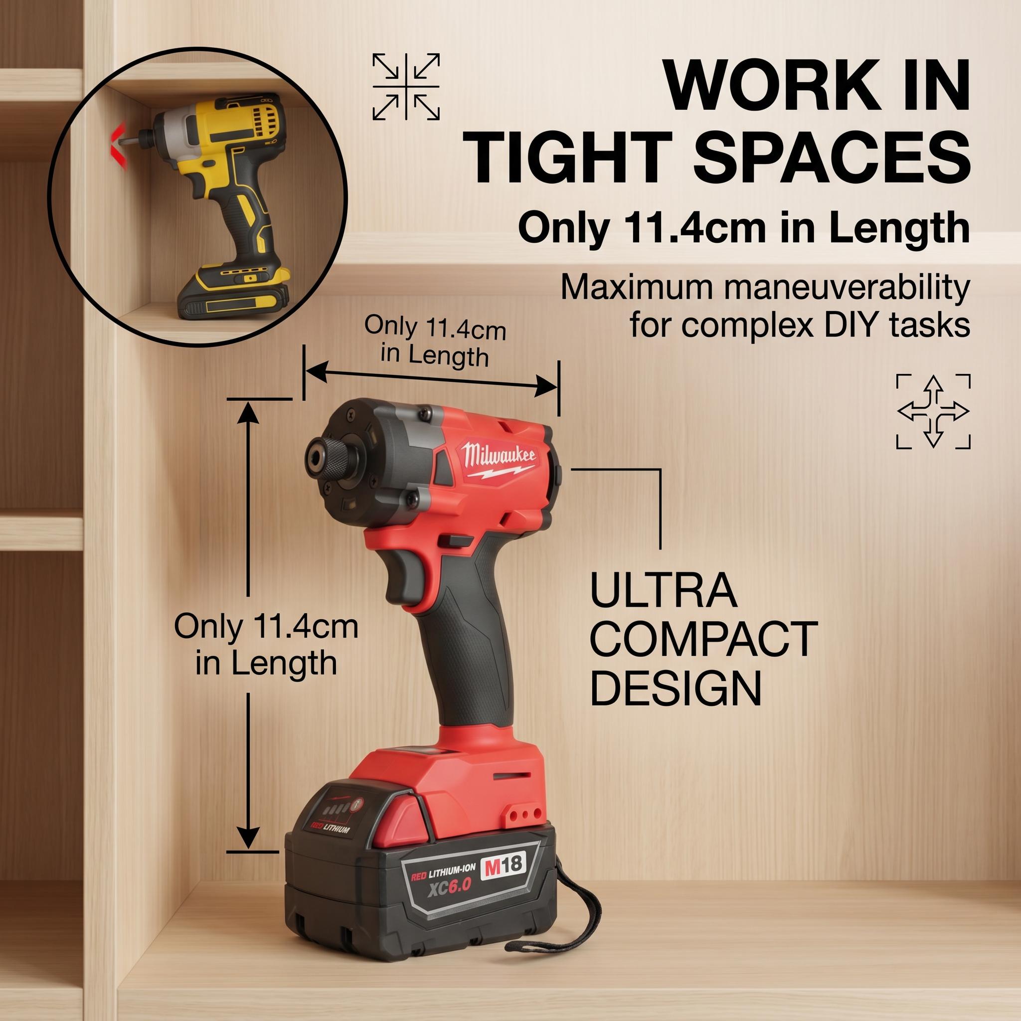 Milwaukee M18 FID3 Compact Spiral Specialty Mechanic Tool - 221 ft-lbs (300 Nm) Torque, 11.4cm Ultra-Short, 1.75kg Light, 4-Speed Control, Battery & Charger Included - For Electricians, Electrical & Framing Work