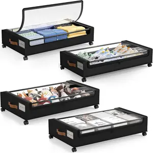 Under Bed Storage with Wheels, 4 Pack Under Bed Storage Containers with Clear Lid, XXL 60 L Underbed Storage Bins, Rolling Under Bed Metal Drawers for Clothes, Blankets, Shoes, Black