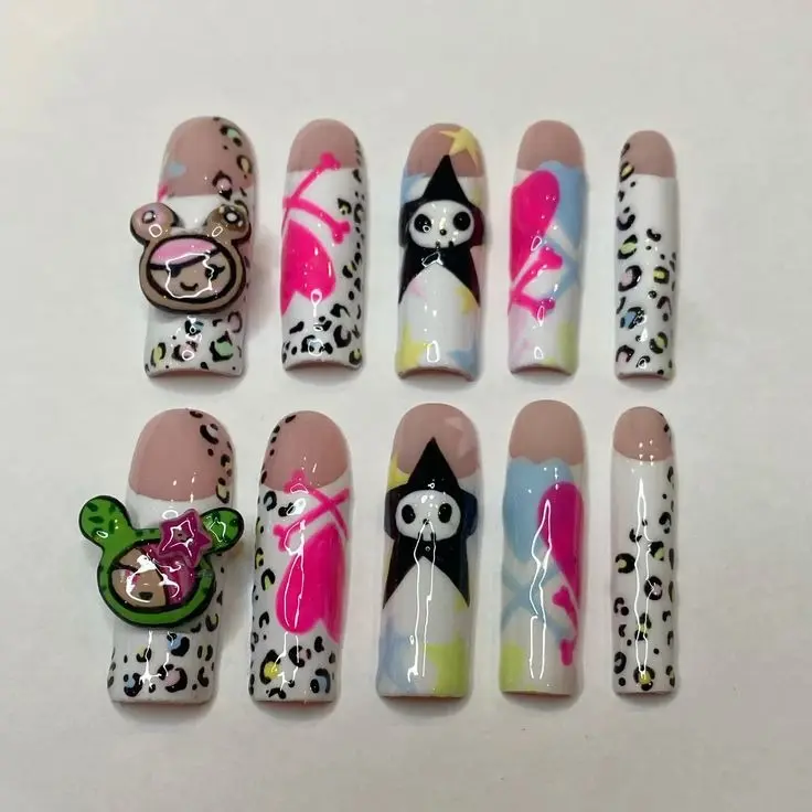 Trendy 3D Nails Design with Cute Bear, Panda, and Colorful Leopard Prints | Unique Nail Art for TikTok Fans | Creative Nail Art Ideas 2025