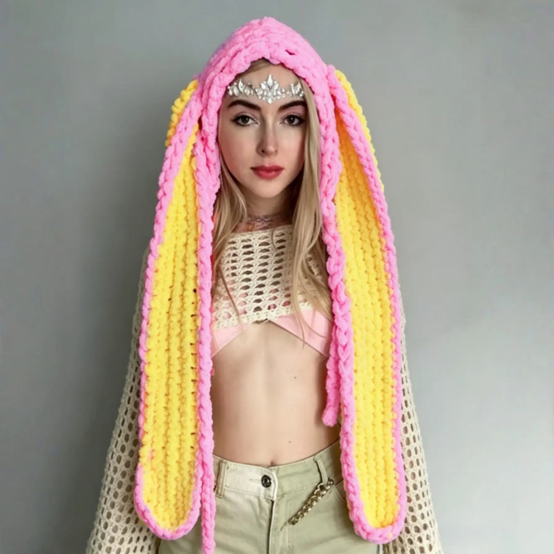 Handmade Chunky Knit Hood with Extra Long Rabbit Ears, Pink & Yellow Y2K Fairycore Hat, Dopamine Color Block Festival Headwear, Cute Novelty Winter Beanie for Rave & Cosplay