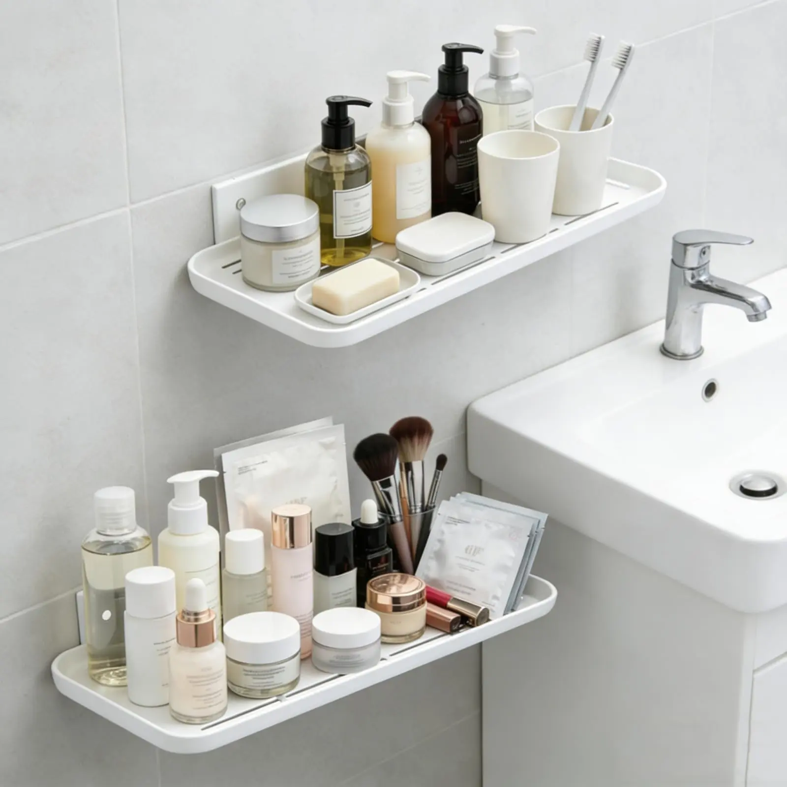 2-Pack Sturdy Indoor Wall-Mount Floating Shelves, Wipe Clean Plastic No-Drill Self-Adhesive Storage Organizers for Bathroom & Kitchen Space-Saving Needs
