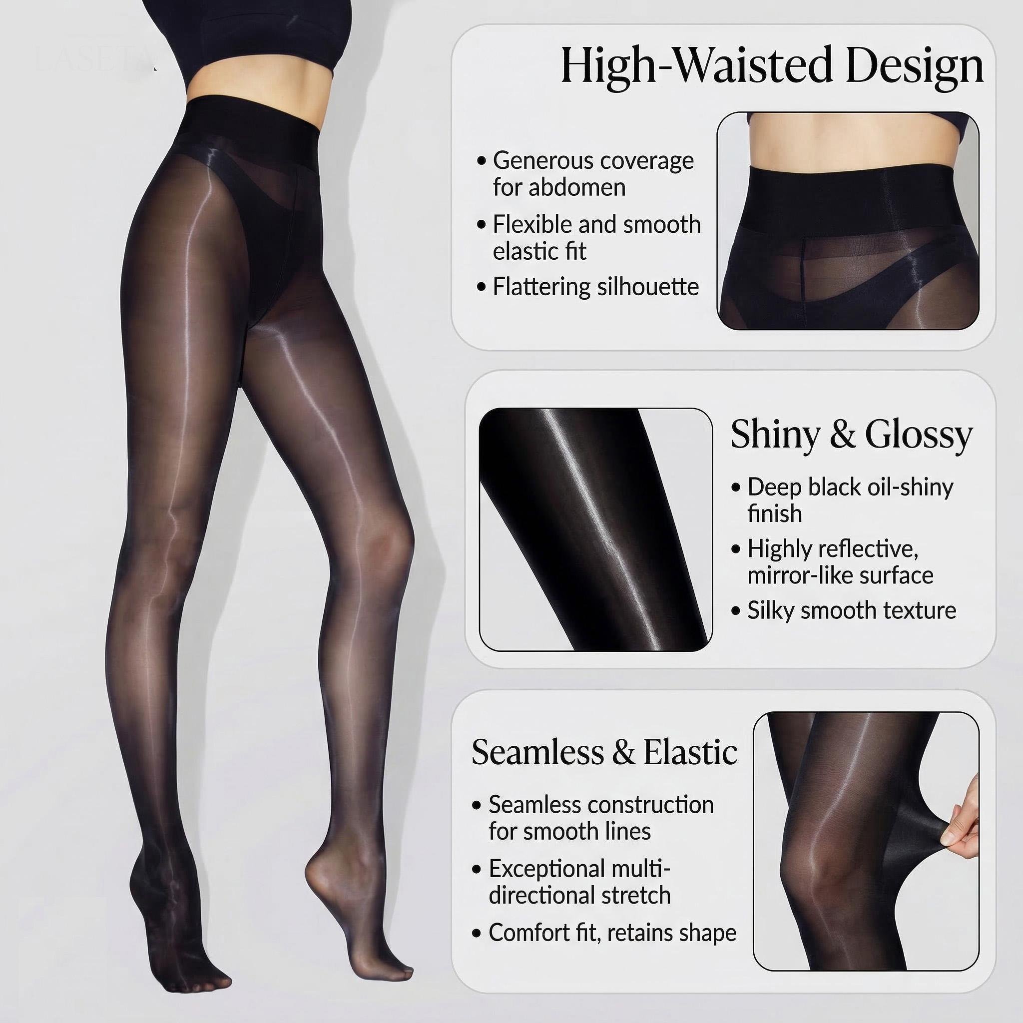 2pairs-Women's Shiny Sheer Tights High WaistSilk Comfort Stockings Oil Shimmery NylonsPantyhose Silky Spandex Elastic Dressy Legwear