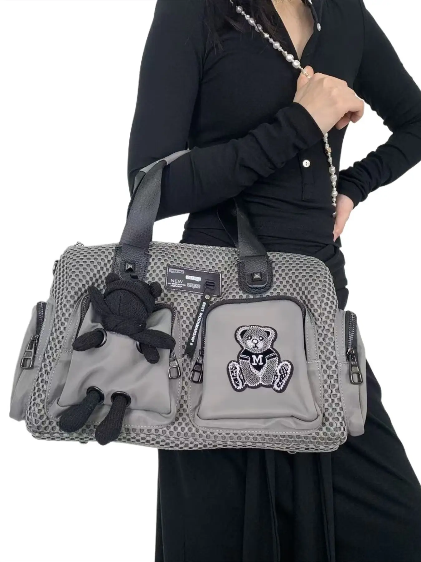 Ladies' personalized multi pocket tote bag, Zipper crossbody bag, with mesh splicing nylon hands, multifunctional commuting, portable single shoulder crossbody bag suitable for daily use and commuting