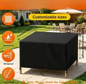Rectangular Outdoor Patio Furniture Cover, 108"L × 82"W × 28"H. Heavy-duty 420D waterproof protective cover with drawstring and buckle fasteners for secure fitting. Suitable for garden tables and chair sets, black finish.