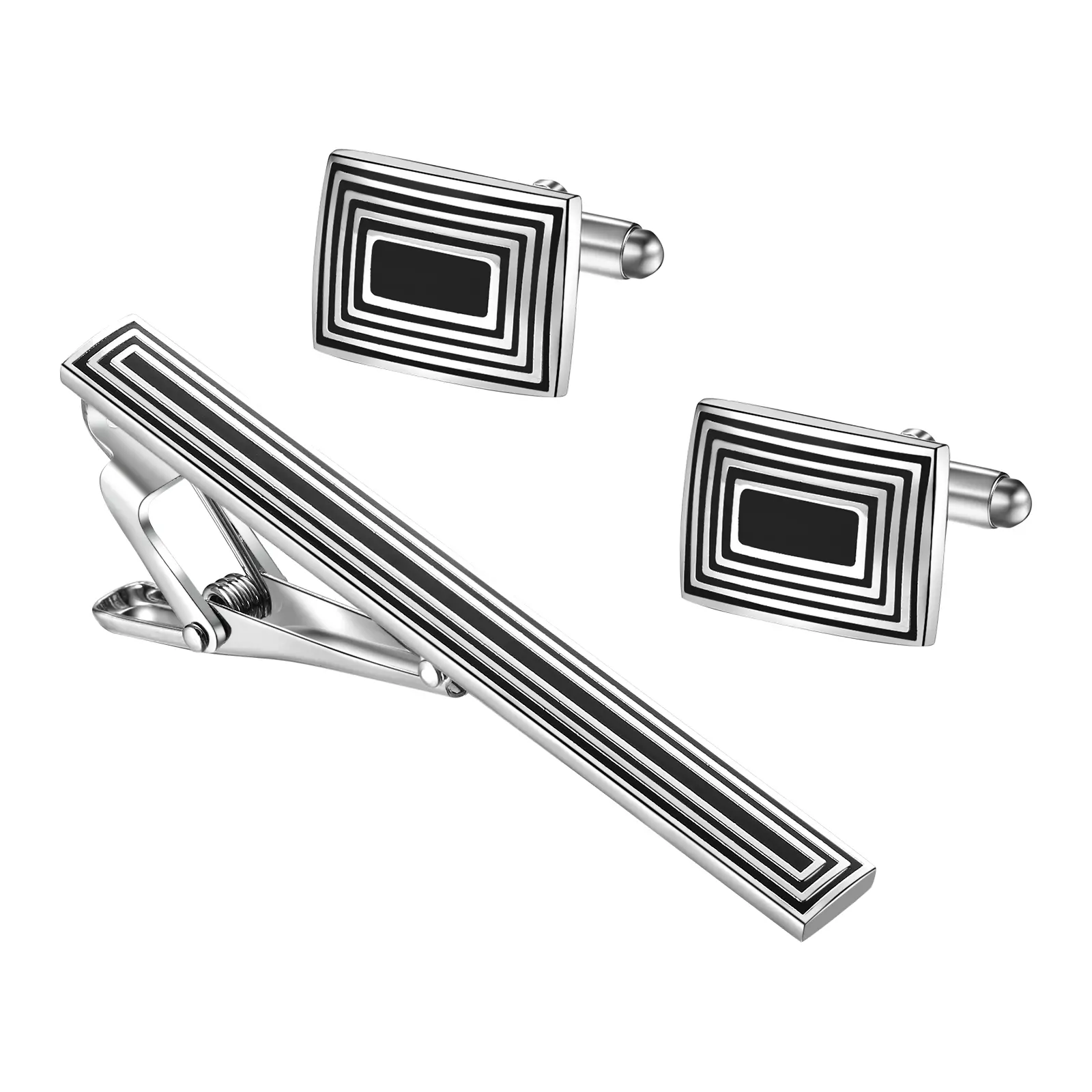 OIDEA Unisex Silver-Black Brass Tie Clip & Cuff Links Jewellery Set - Stylish, Styling Accessories with Easy Closure, Rounded Edge, Classic Design for Business Shirts, Wedding Grooms