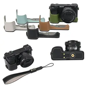 Palm Print PU Leather Camera Half Body Case For Sony A6400 A6300 A6000 A6100 Battery Opening Bottom Cover With Hand Strap