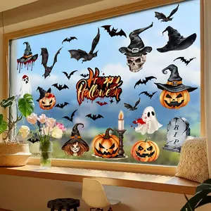 A set of 6 pieces (20*30cm*6pcs) electrostatic adsorption hand-painted Halloween pumpkin, skull and witch decorative stickers for beautifying living rooms, bedrooms and windows DJ6084-ZY