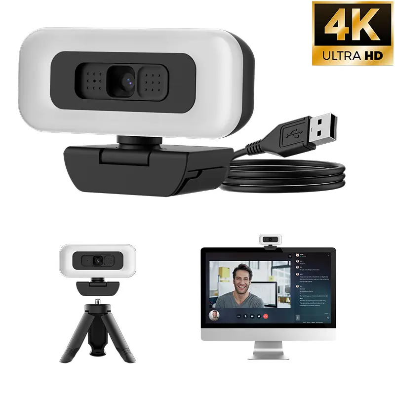 USB Webcam for PC,4K Full HD,360° Rotation,Live Streaming Web Camera,Ring Light with 3 Adjustable Modes (Built-in),Fast Autofocus,Wide-angle,Video Recording,Slide Switch,Privacy Security,Plug&Play,Laptop Accessories,Web Camera for Video Calls