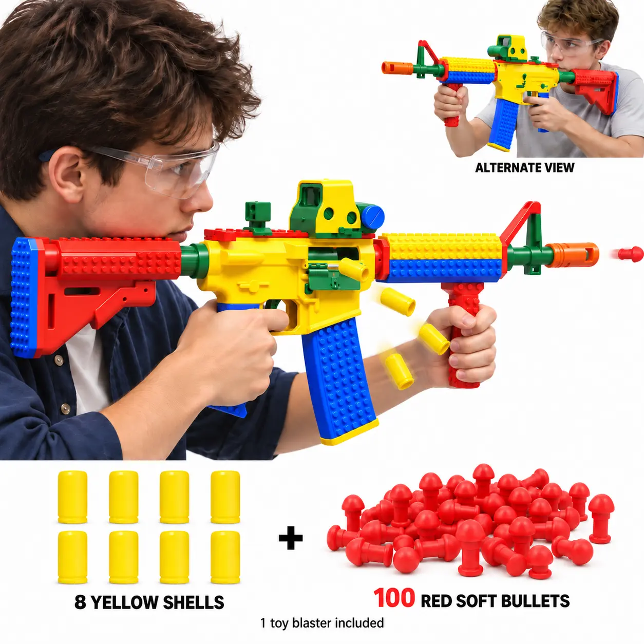 JINGJOY Unisex Building Toys Shell-Ejecting Toy Blaster - Modular 8-Round Design, 8 Reusable Shells, 100 Projectiles, 4-Position Adjustable Stock, Battery-Free, Ages 14+