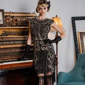 Retro Stage 1920s Vintage Elegant Black Dress with Golden Sequin Embellishments and Fringe Hem for Banquets & Parties Formal Womenswear