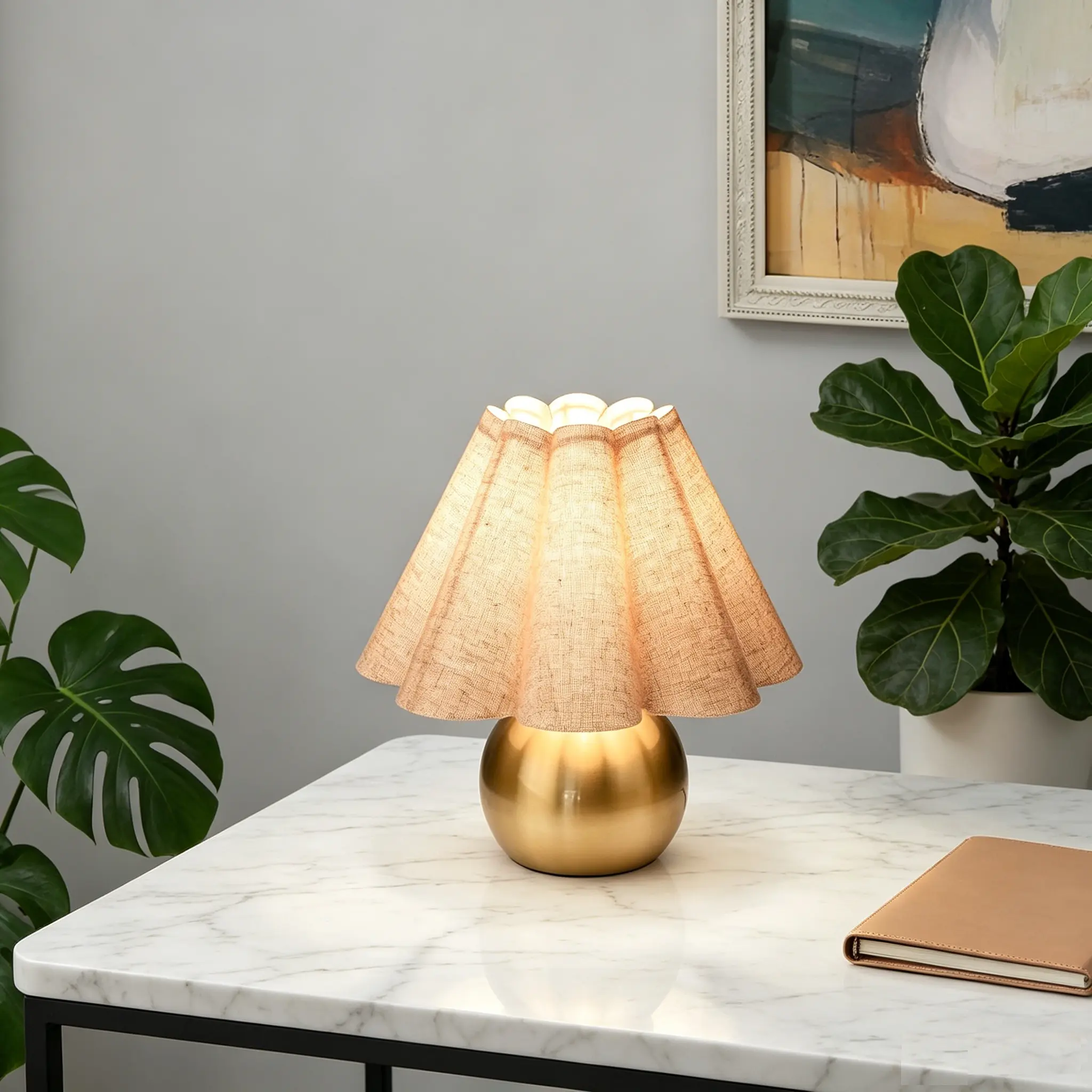 Mini Table Lamp - Small Brass Base, Pleated Beige Fabric Shade, E26 Base, Eye-Caring Warm Light, Bedroom Lighting, Dorm Room Inspo, Home Accessories, House Decor Gift for Aesthetic Spaces, Table Lamps