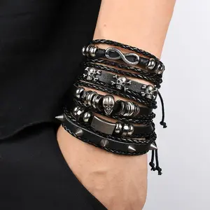 1 Fashion Bracelet Viking  Bracelet For Men Hand Bracelets Woven Skull Hand Jewelry Adjustable Leather Set Bracelet For Leather