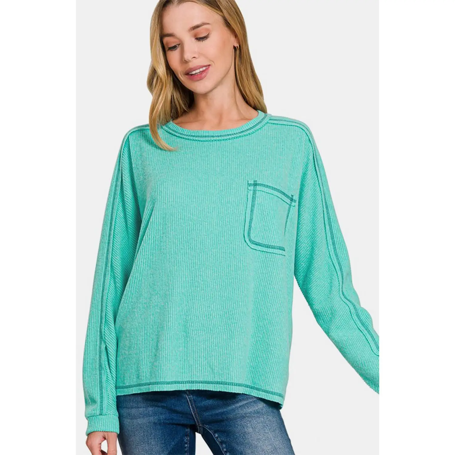 Zenana Full Size Contrast Stitching Brushed Ribbed Hacci Knit Top Plus Size