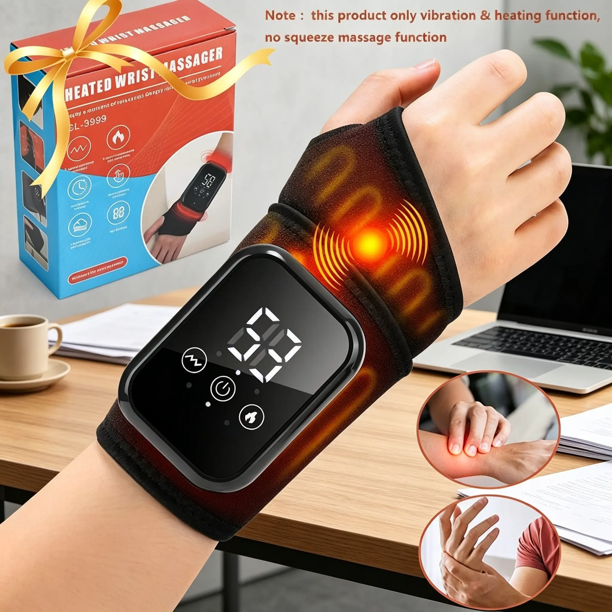 Rechargeable Heated Wrist Massager with Vibration, Adjustable Temp & Vibration, Cordless Wrist Heating Brace for Pain Relief