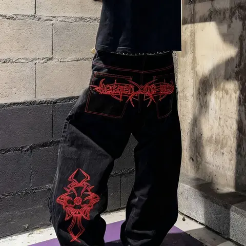 Men's Loose Washed Denim Pocket Jeans, Baggy Jean, Casual Fashionable Classic Embroidered Jeans, Versatile Streetwear Denim Jeans for All Seasons, Comfortable and Stylish, Pants, Denim Embroidery Jeans